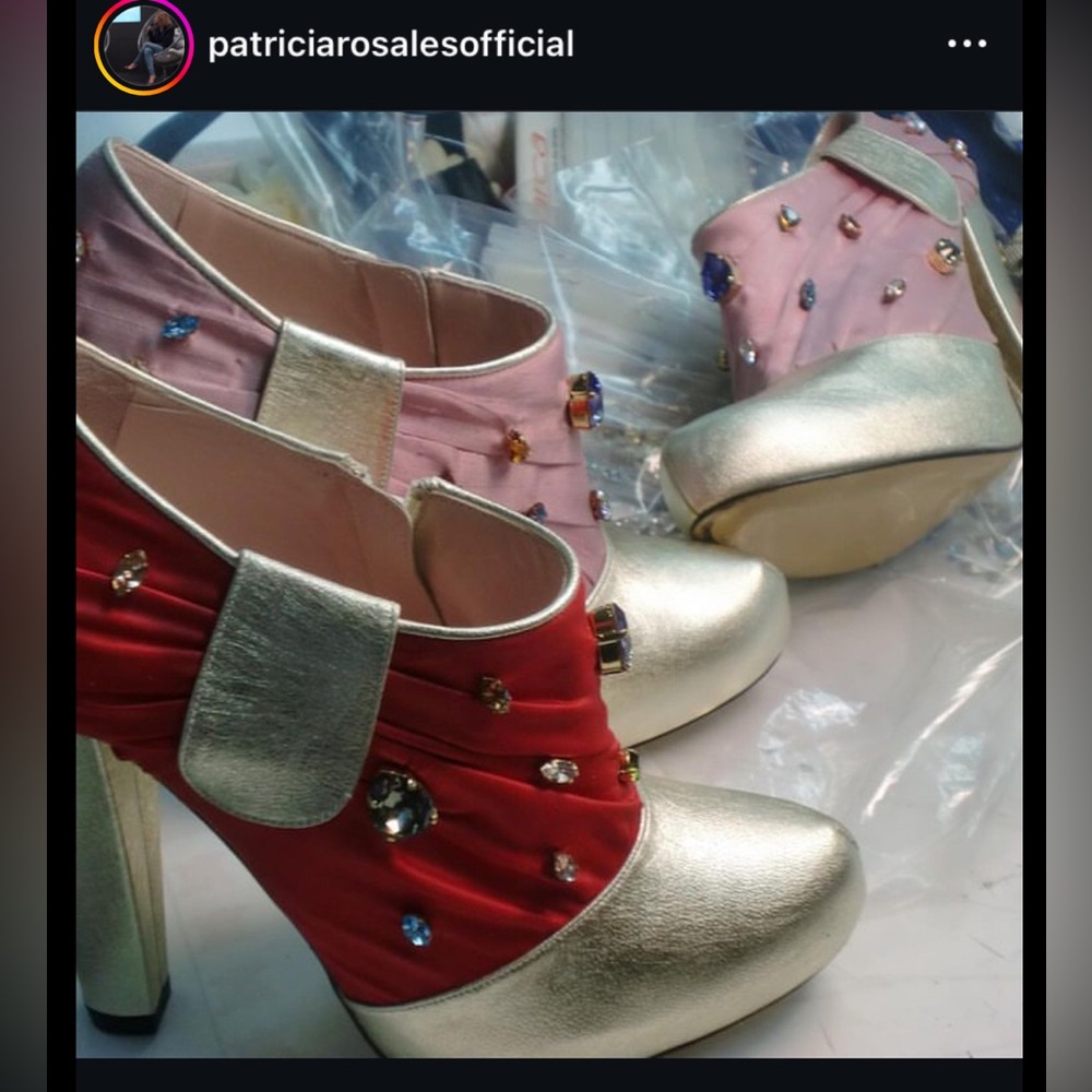 Patricia Rosales Gold Leather Red Satin Swarovski Jewel Embellished Ankle Boots - Picture 15 of 15